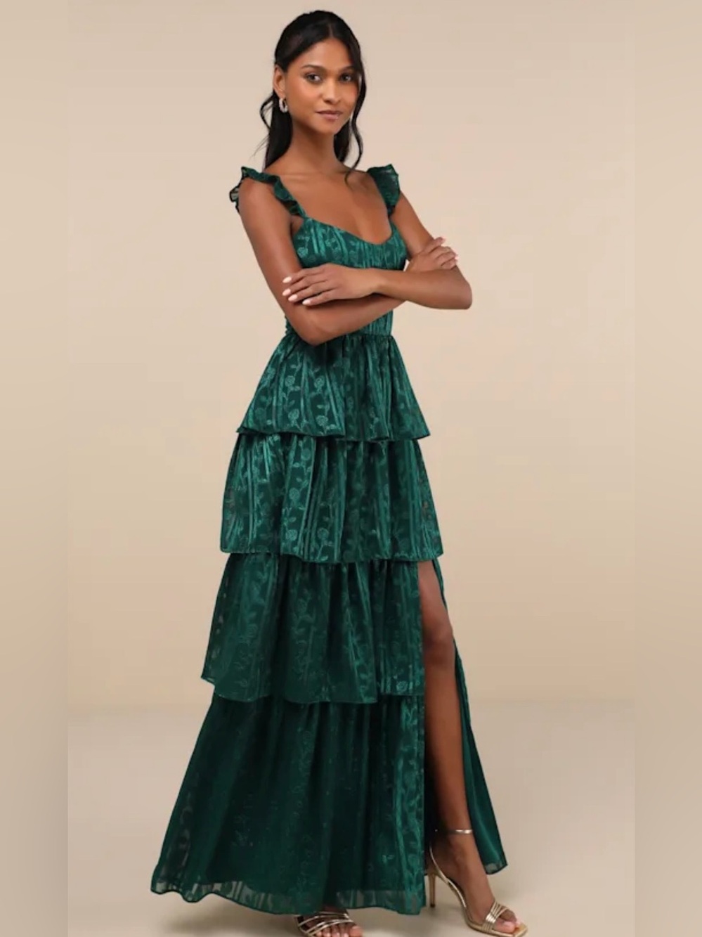 Lulus Glory Hunter Green Floral Chiffon Jacquard Tiered Maxi Dress NWT Size S